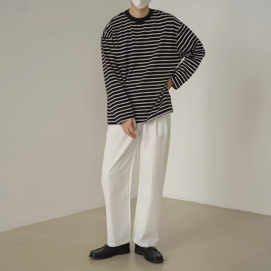 Magee Áo Thun Nam Dài Tay Cổ Tròn Sọc Ngang Thời Trang