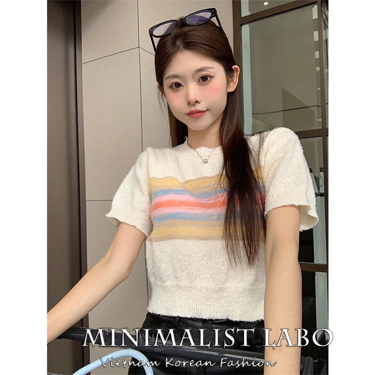 MINIMALIST LABO Áo Dệt Kim Ngắn Tay Lưng Cao Họa Tiết Kẻ Sọc Thời Trang Ngọt Ngào Cho Nữ