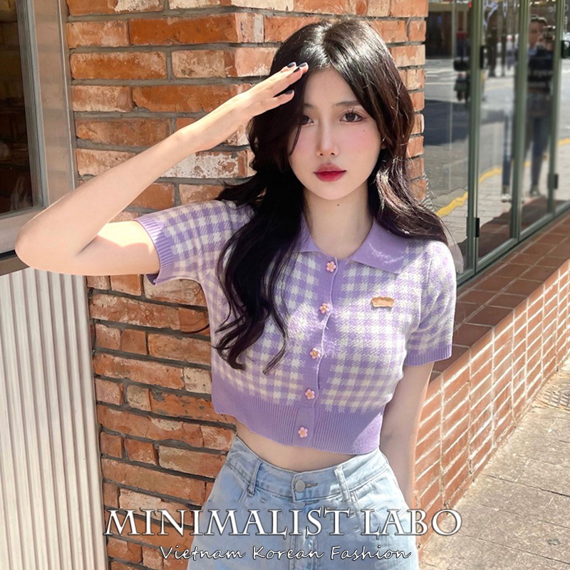 Áo croptop MINIMALIST LABO dệt kim tay ngắn phong cách Hàn Quốc thời trang mùa hè xinh xắn cho nữ