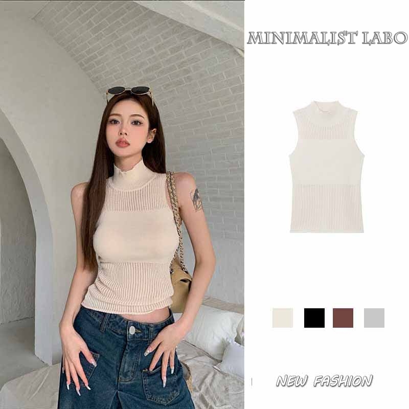 MINIMALIST LABO Áo Dệt Kim Cổ Cao Không Tay Màu Đen Phong Cách Pháp Thời Trang Cho Nữ