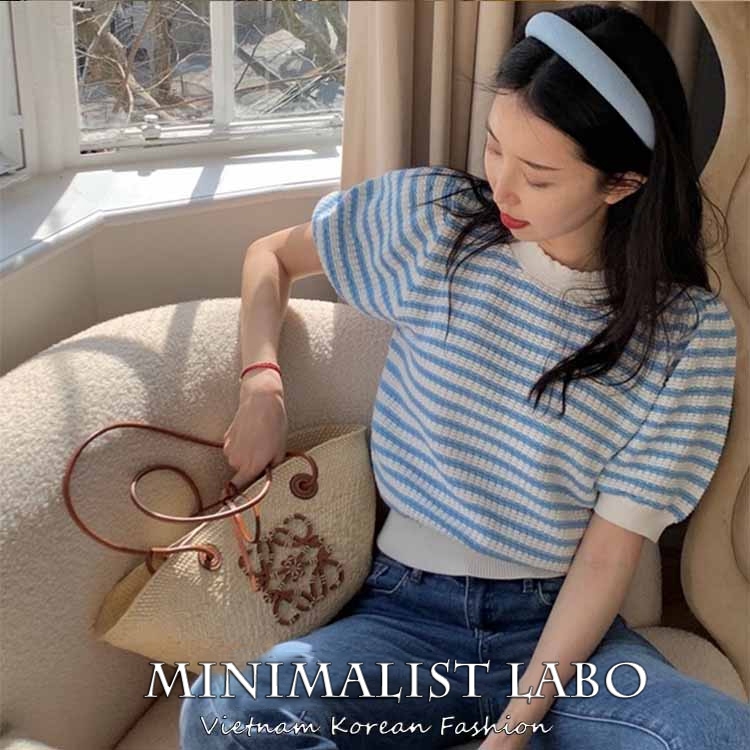 MINIMALIST LABO Áo thun vải dệt kim tay ngắn phồng kẻ sọc màu cầu vồng dễ thương