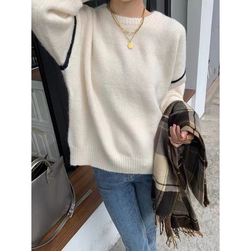 Honypove Áo sweater Dệt Kim Mềm Dáng Rộng Phối Màu Tương Phản Thời Trang Thu Đông 2023 Cho Nữ