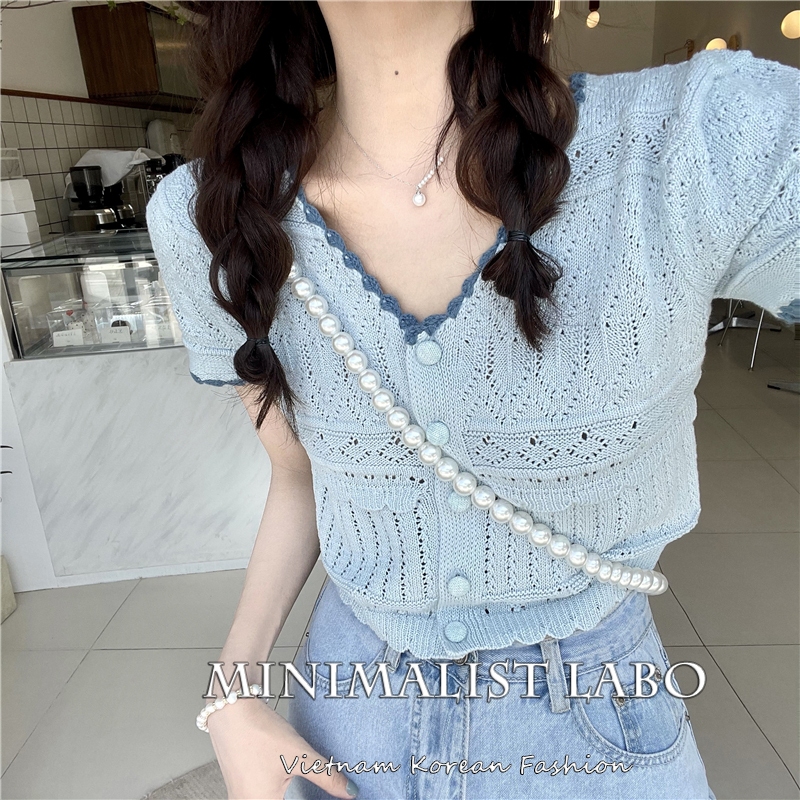 MINIMALIST LABO Áo Cardigan Dệt Kim Mỏng Tay Cộc Cổ Chữ v Khoét Rỗng