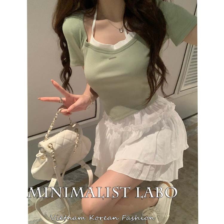 MINIMALIST LABO Áo Thun Ngắn Tay Giả Hai Lớp Thiết Kế Đơn Giản Ngọt Ngào Thời Trang