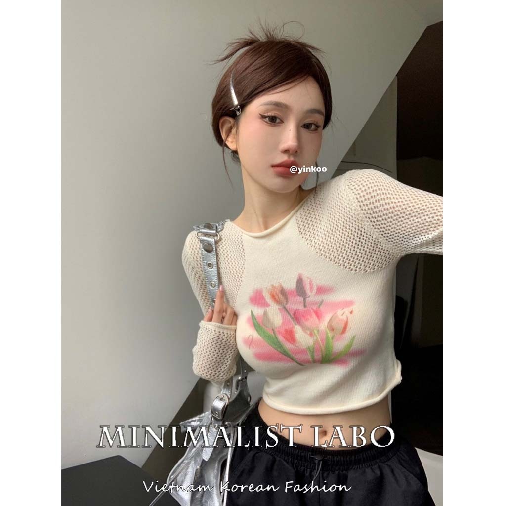 MINIMALIST LABO Áo Croptop Áo Dệt Kim Tay Dài Chống Nắng In Họa Tiết Hoa Tulip Phong Cách Hàn Quốc Thời Trang Mùa Hè Cho Nữ