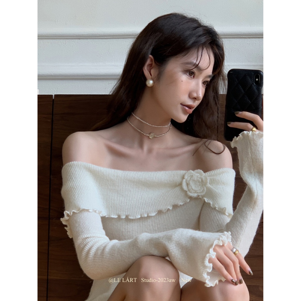 Áo len thu đông QADCOL hở vai dáng ôm phong cách hàn quốc thanh lịch