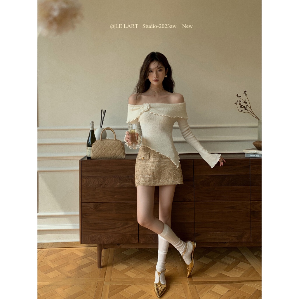 Áo len thu đông QADCOL hở vai dáng ôm phong cách hàn quốc thanh lịch