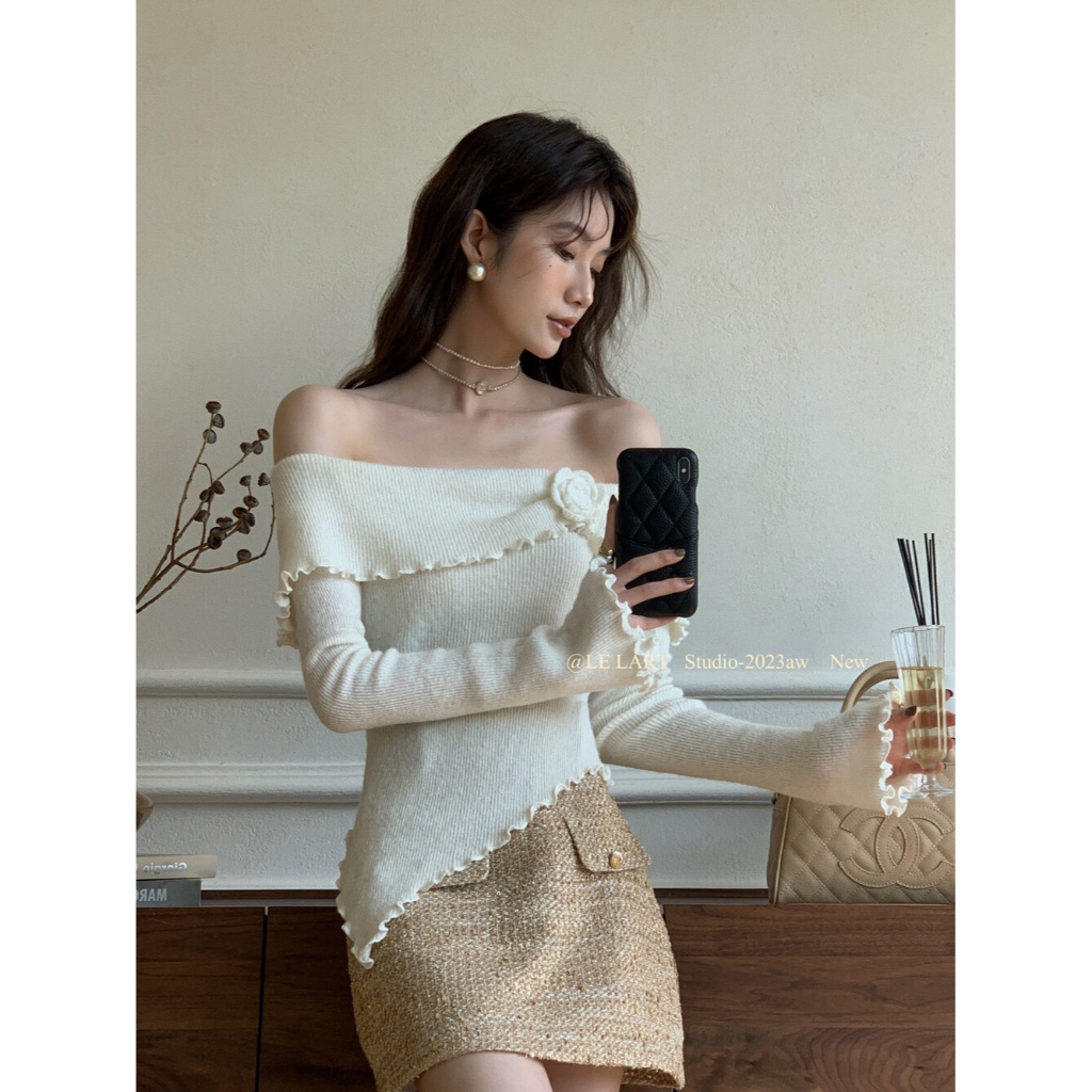 Áo len thu đông QADCOL hở vai dáng ôm phong cách hàn quốc thanh lịch