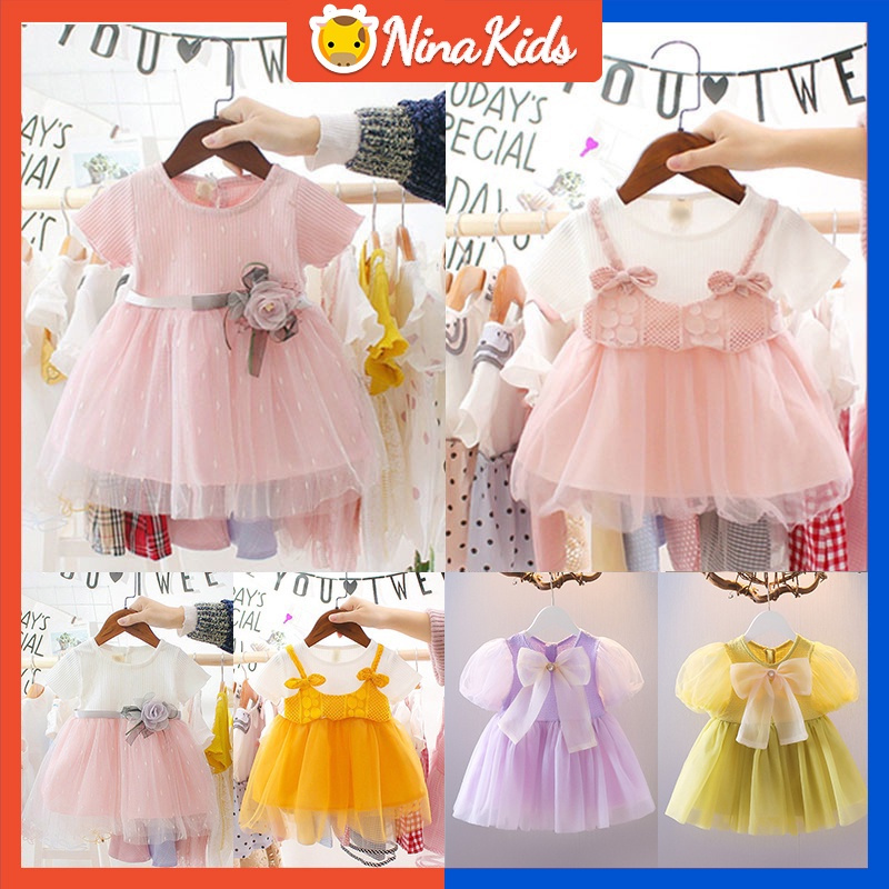 Đầm  tay ngắn phối lưới hoạ tiết hoa thời trang dành cho bé gái từ 0-4 tuổi