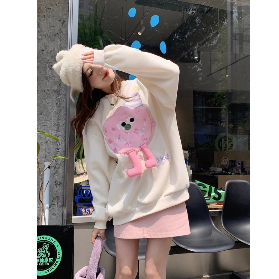 Kumikumi Áo Sweater Cổ Tròn Dáng Rộng In Hình Quái Vật Nhỏ Dễ Thương Phong Cách Hàn Quốc Cho Nữ