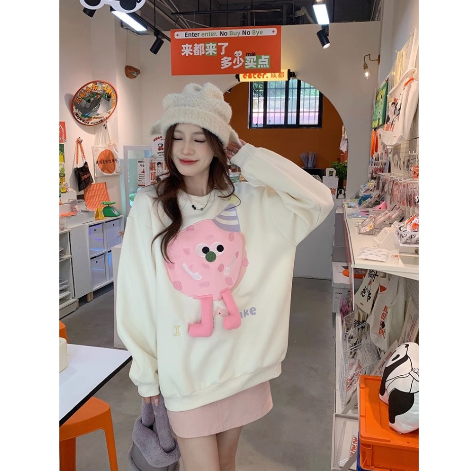 Kumikumi Áo Sweater Cổ Tròn Dáng Rộng In Hình Quái Vật Nhỏ Dễ Thương Phong Cách Hàn Quốc Cho Nữ