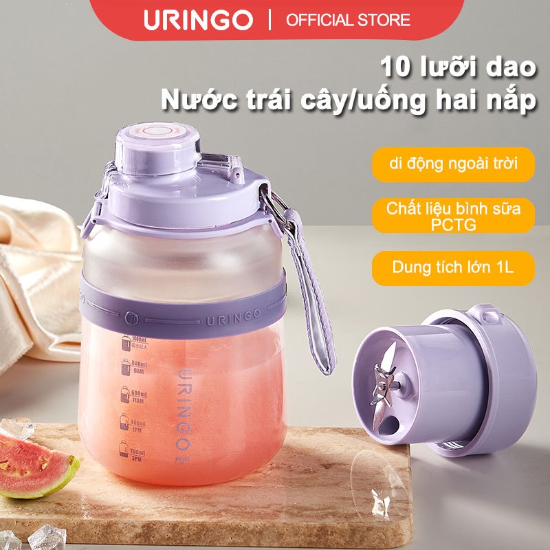 Máy Xay Sinh Tố Cầm Tay URINGO Cho Nước Sữa Lắc Di Động 2 che phủ Nắp Dung Tích Lớn 1000Ml