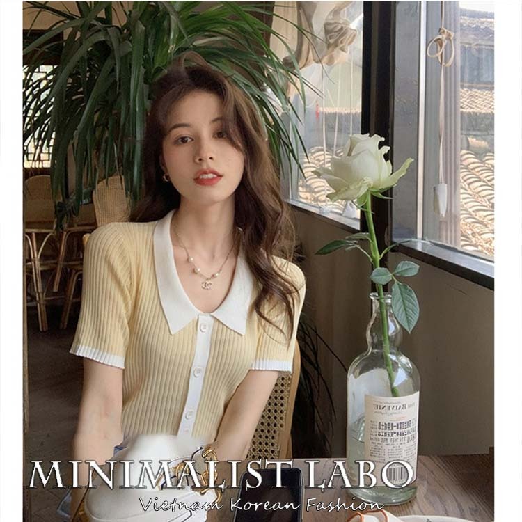 MINIMALIST LABO Áo sơ mi dệt kim POLO ngắn tay eo cao kiểu dáng đơn giản