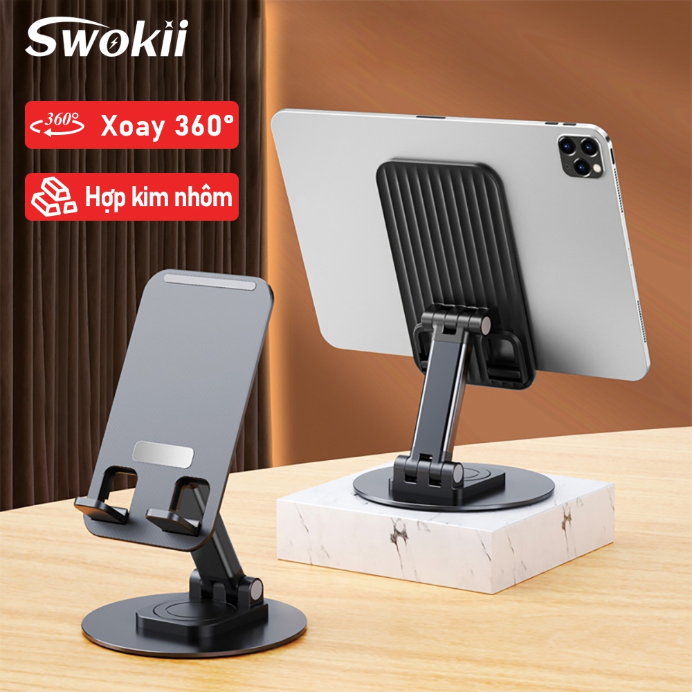 Swokii K39 Giá đỡ điện thoại, giá đỡ ipad nhôm, Hỗ trợ xoay 360°, Tương thích với điện thoại thông minh và máy tính bảng