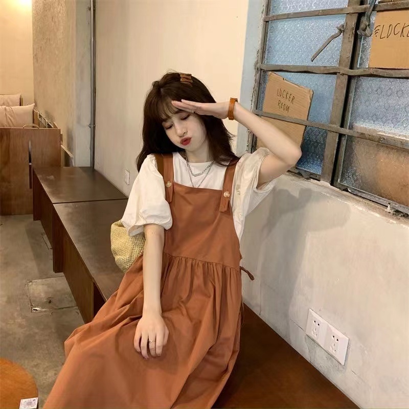 Áo cổ tròn tay bồng tiểu thư+ Váy yếm dài quai vuông) phong cách Ulzzang hàn quốc đáng yêu dễ thương