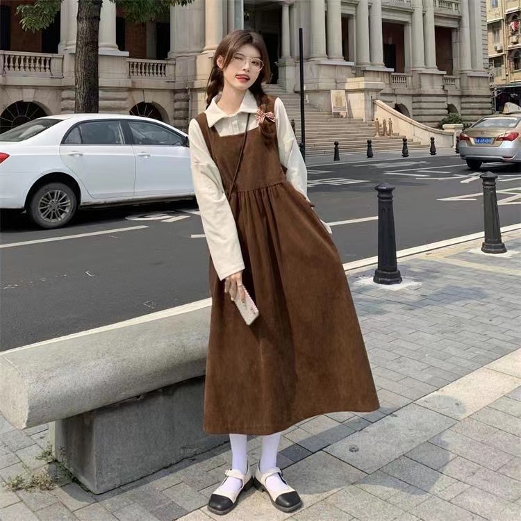 Váy yếm đầm Set Áo Sơ Mi Cổ Búp Bê + Đầm Yếm Dáng Rộng Thời Trang Mùa Thu Cho Nữ