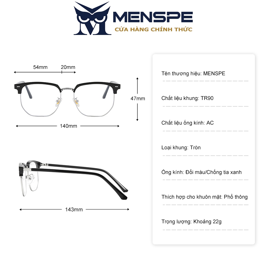 Kính mát MENSPE gọng bán nguyệt chống ánh sáng xanh thời trang cho nam