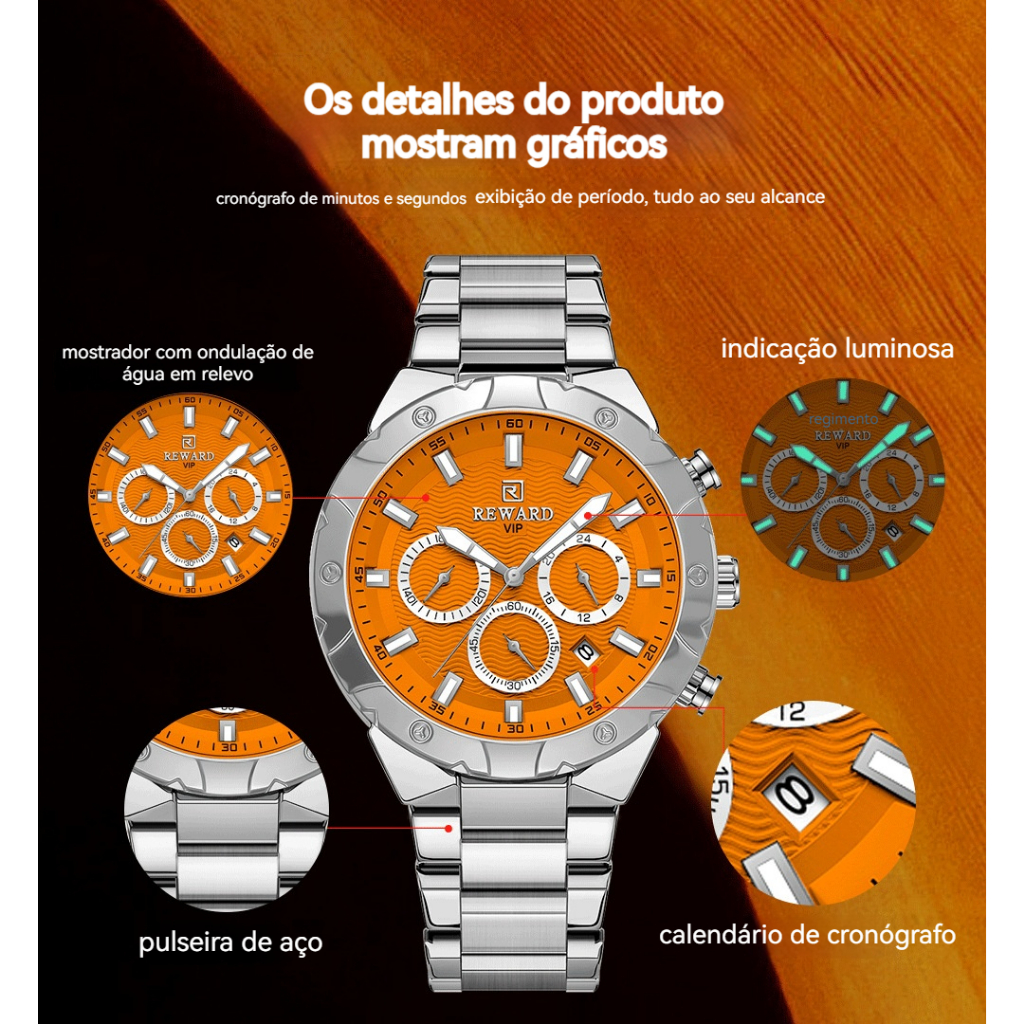 Reward Đồng Hồ Đeo Tay Ghi Hình Ba Mắt Bằng Thép Không Gỉ Chống Nước Cao Cấp Đa Năng Phong Cách Thể Thao Cho Nam