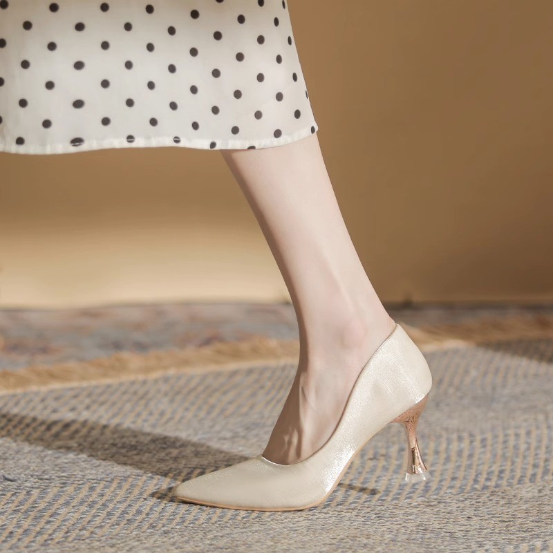 Giày Cao Gót Mũi Nhọn Chất Liệu satin Màu Sắc Sâm Panh Thời Trang Sang Trọng Cho Nữ