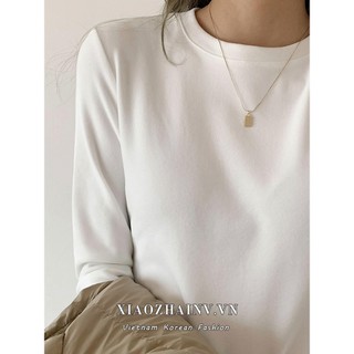 Xiaozhainv áo thun nữ tay dài cổ tròn màu trơn dáng ôm thời trang