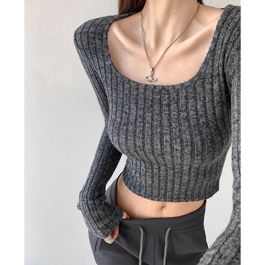 Áo Dệt Kim Dài Tay Cổ Vuông Eo Cao Hở Rốn Phong Cách Đường Phố Nhẹ Nhàng