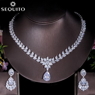 Sequito Top AAA Cubic Zirconia Pha Lê Cô Dâu Trang Phục Cưới Bộ Trang Sức Nữ Đảng Đầm Vòng Cổ Bông Tai Bộ JS017