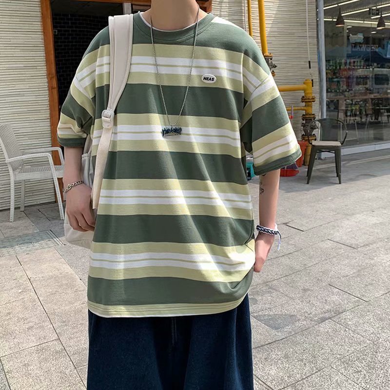 Áo Thun Tay Ngắn Họa Tiết Kẻ Sọc Đơn Giản Thời Trang Mùa Hè 2023 Phong Cách harajuku Cho Nam
