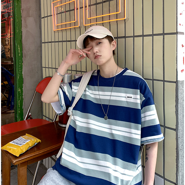 Áo Thun Tay Ngắn Họa Tiết Kẻ Sọc Đơn Giản Thời Trang Mùa Hè 2023 Phong Cách harajuku Cho Nam