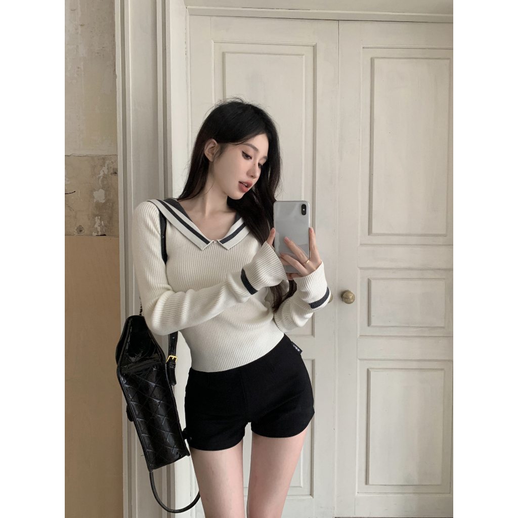 QADCOL Áo Dệt Kim Tay Dài Cổ Thủy Thủ Màu Tương Phản Thời Trang Thu Đông Dành Cho Nữ