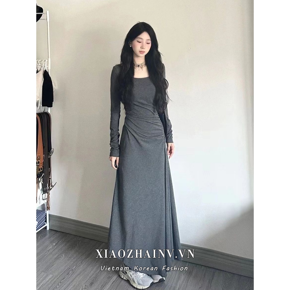 Xiaozhainv Đầm midi Cổ Vuông Eo Cao Dáng Ôm Thời Trang Hàn Quốc Đơn Giản Cho Nữ