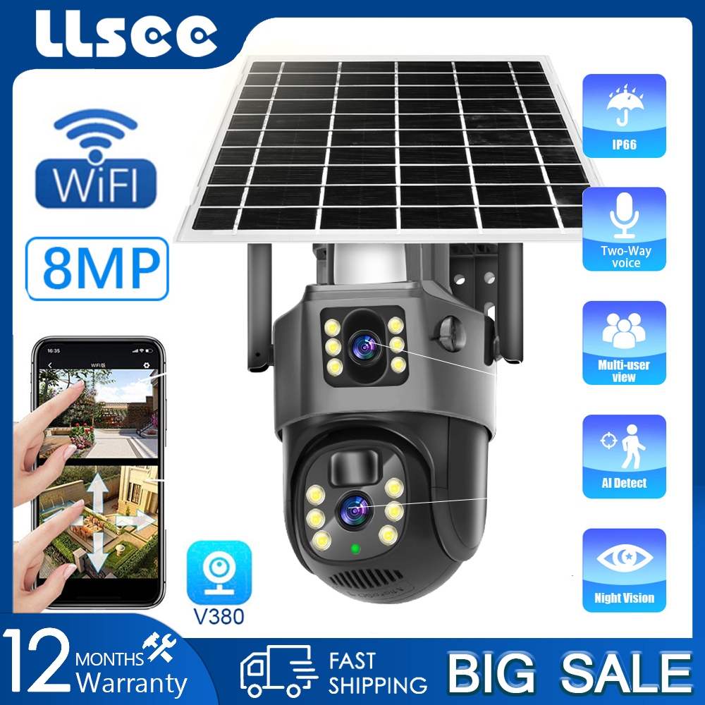 LLSEE V380 Pro Dual Lens Năng Lượng Mặt Trời Không Dây CCTV WIFI Camera 360 PTZ CCTV Ngoài Trời Chống Nước IP66 Theo Dõi Di Động Cuộc Gọi Hai Chiều