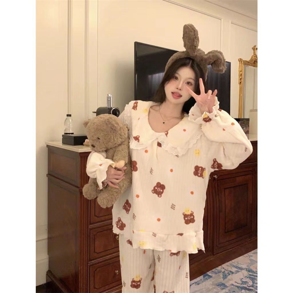 Qingk Bộ Đồ Ngủ tay dài mùa đông pijama Dễ Thương đồ mặc nhà nữ