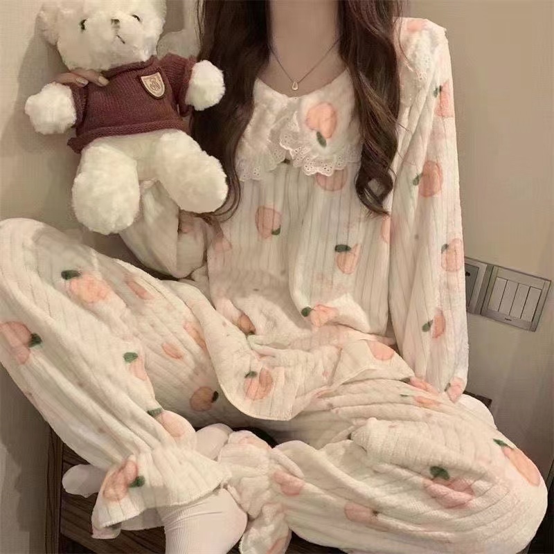 Qingk Bộ Đồ Ngủ tay dài mùa đông pijama Dễ Thương đồ mặc nhà nữ