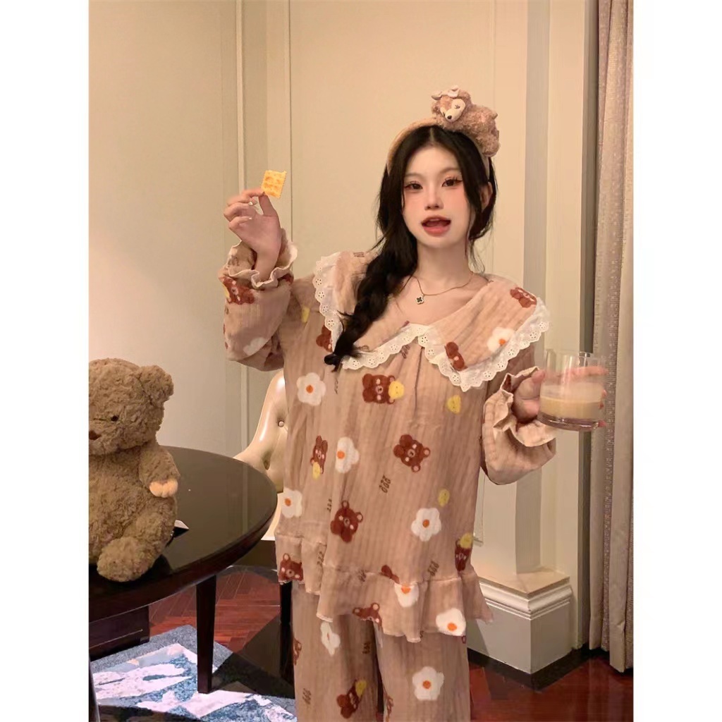 Qingk Bộ Đồ Ngủ tay dài mùa đông pijama Dễ Thương đồ mặc nhà nữ