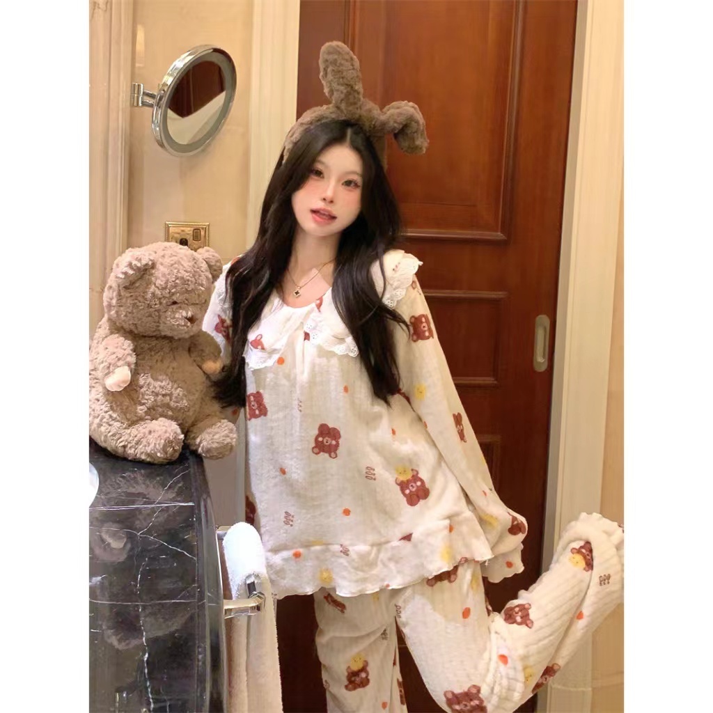 Qingk Bộ Đồ Ngủ tay dài mùa đông pijama Dễ Thương đồ mặc nhà nữ