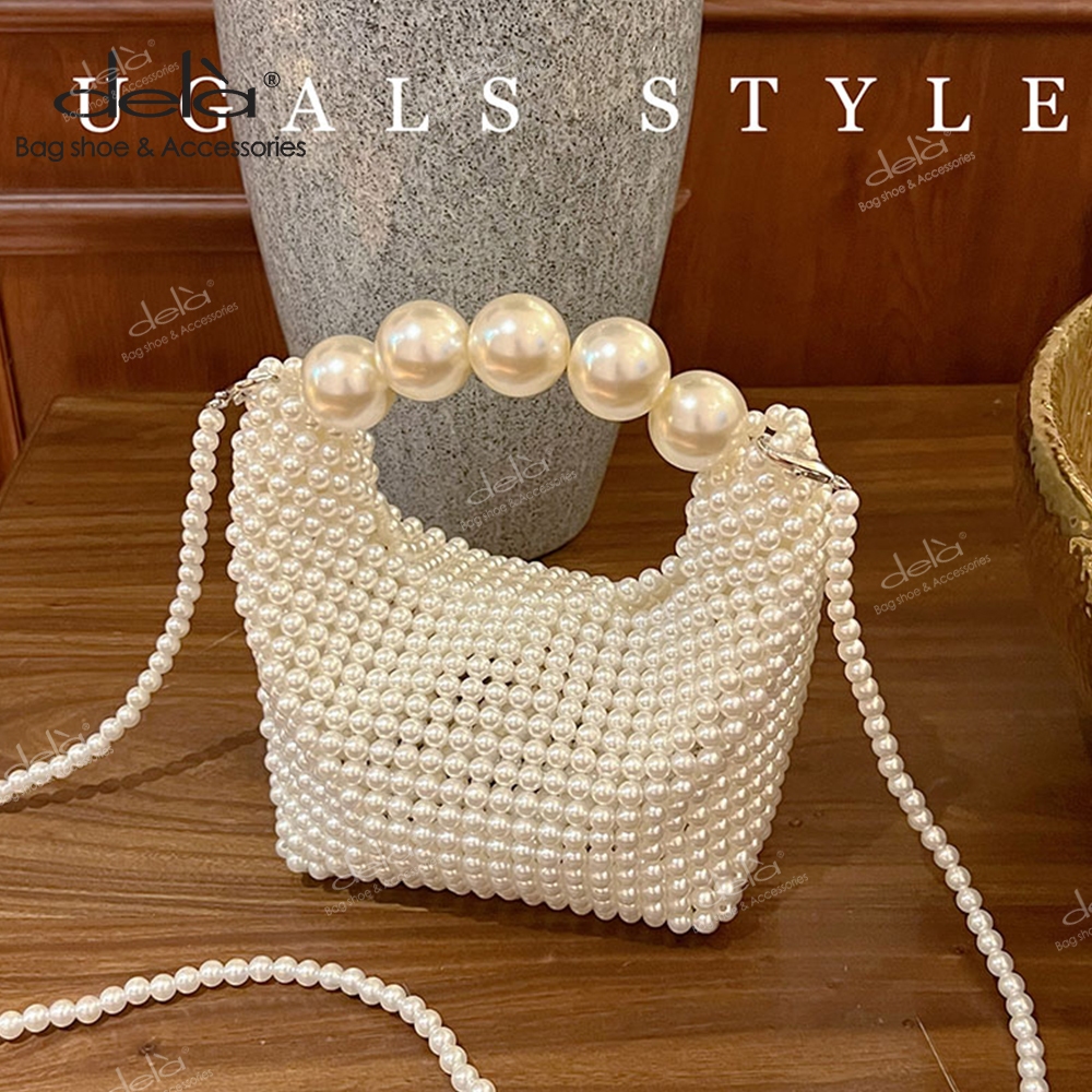 Dela Túi Đeo Chéo Dệt Tay Đính Hạt Ngọc Trai Phong Cách vintage Pháp