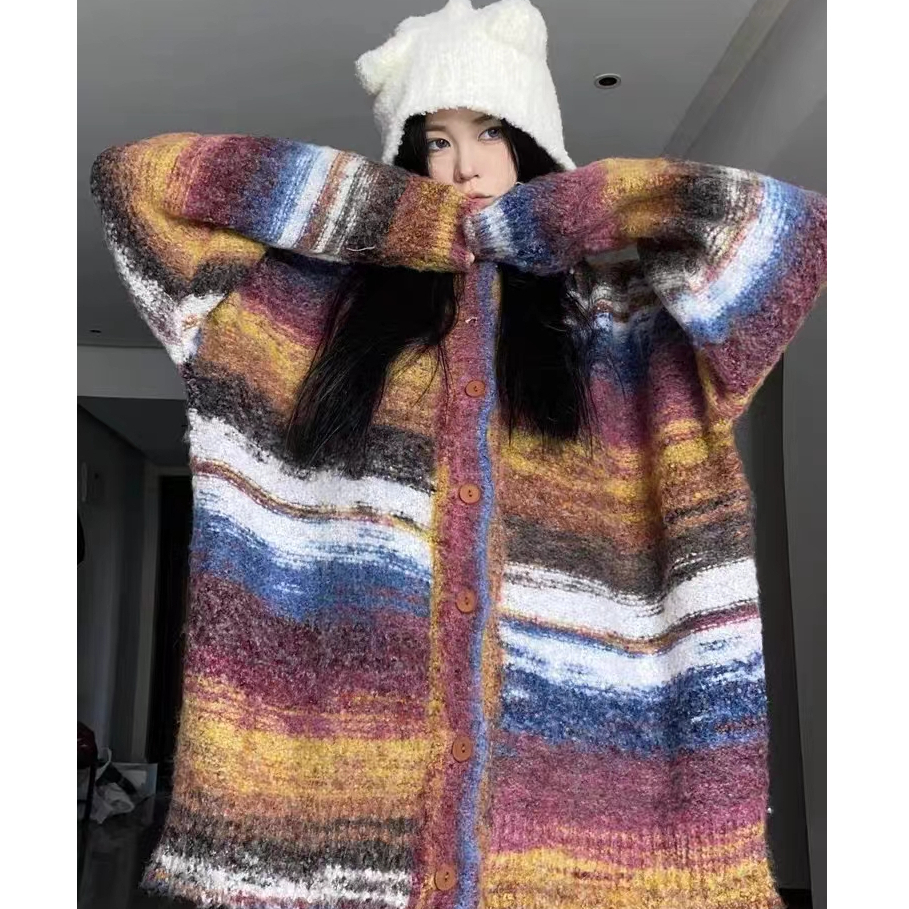 Áo Khoác cardigan Họa Tiết Kẻ Sọc Phong Cách vintage Thời Trang Cho Nữ