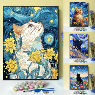 JINYOU【30*40cm tranh tô màu theo số/con mèo bầu trời đầy sao của van gogh/tranh canvas/màu acrylic/decor phòng ngủ