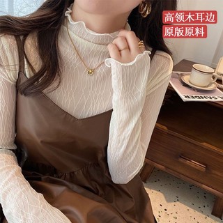 Cổ Cao Nửa Cổ Nấm Cạnh Đáy Áo Sơ Mi Nữ Gạc Thu Đông Phong Cách Mới Áo Thun Dài Tay Trong