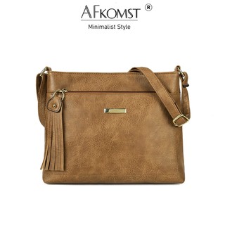 Túi đeo vai/ đeo chéo AFKOMST phong cách kinh doanh cổ điển vintage chất liệu da PU sức chứa lớn cho nữ