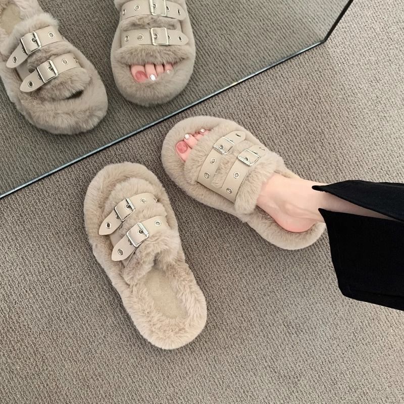 Dép lông quai ngang dép bông lê thời trang đế cao su mềm êm đi trong nhà