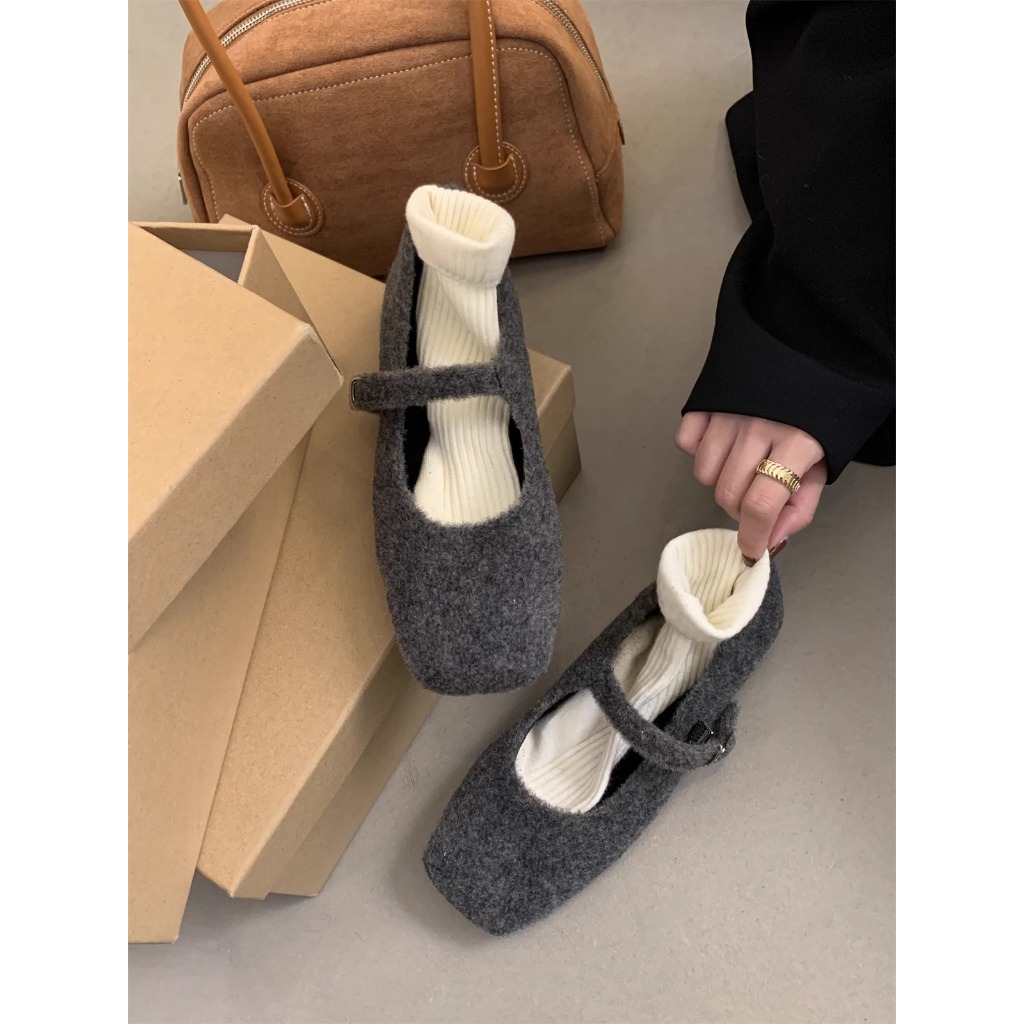 Giày Búp Bê Mũi Vuông Đế Bằng Phối Khóa Len Phong Cách dongdaemun Thời Trang Hàn Quốc 2023 Mới