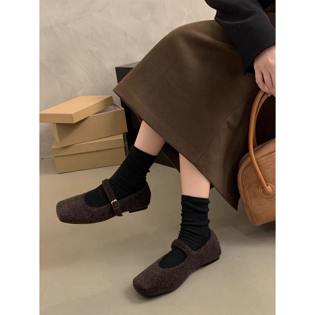 Giày Búp Bê Mũi Vuông Đế Bằng Phối Khóa Len Phong Cách dongdaemun Thời Trang Hàn Quốc 2023 Mới