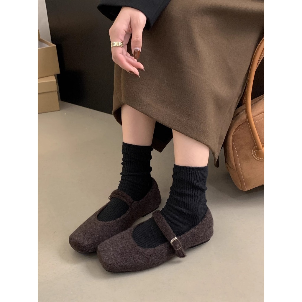 Giày Búp Bê Mũi Vuông Đế Bằng Phối Khóa Len Phong Cách dongdaemun Thời Trang Hàn Quốc 2023 Mới