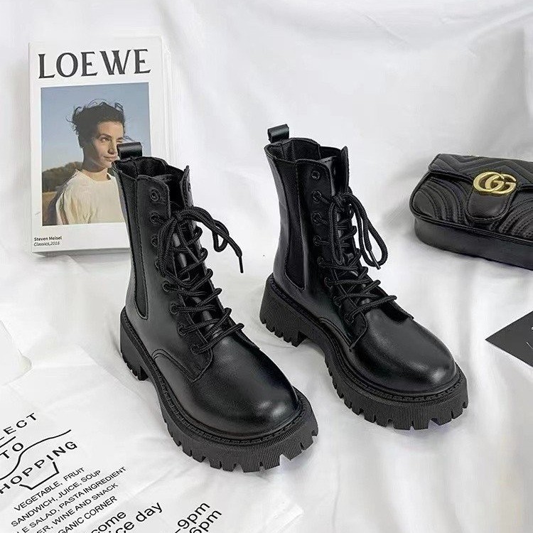 Đế dày 4cm giày martin boots đa năng của phụ nữ giày thời trang màu đen có hai kiểu: dày và mỏng