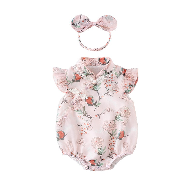 Bộ Áo Liền Quần Kiểu Sườn Xám Truyền Thống Trung Hoa Cổ Điển Cho Bé Gái Sơ Sinh