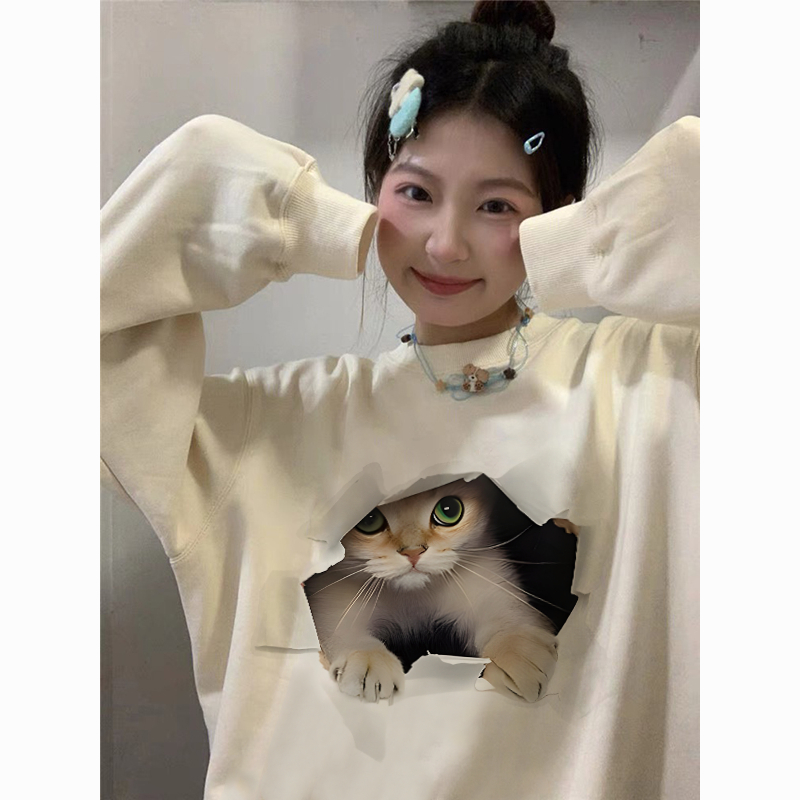 Áo sweater nam màu kem BEEYANBUY áo nỉ tay dài basic in hình mèo con unisex 100% cotton-Y0537