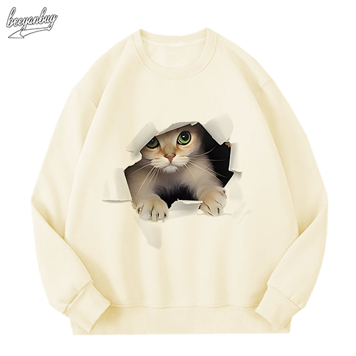 Áo sweater nam màu kem BEEYANBUY áo nỉ tay dài basic in hình mèo con unisex 100% cotton-Y0537
