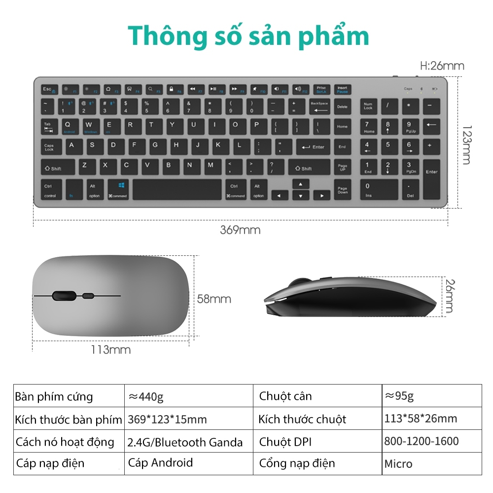 Bàn phím bluetooth không dây Goojodoq Bluetooth 3 Bàn phím & chuột 102 phím chuột không dây dành cho Laptop Máy tính để bàn Bảo hành chính hãng