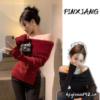 Pinxiang Áo sweater Ngắn Mỏng Một Vai Giả Lông Chồn Màu Trơn Mới Cho Nữ